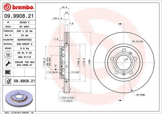 Audi A8 Brake discs and rotors 1657617 BREMBO 09.9908.21 online buy