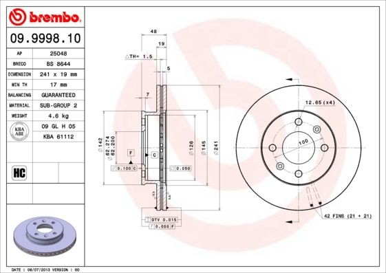 BREMBO 241x19mm, 4, internally vented Ø: 241mm, Num. of holes: 4, Brake Disc Thickness: 19mm Brake rotor 09.9998.10 buy