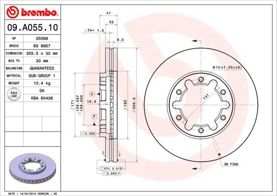 BREMBO 09.A055.10 Brake discs NISSAN PATROL 2007 price