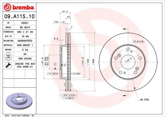 BREMBO 09.A115.10 Brake disc 262x21mm, 5, internally vented