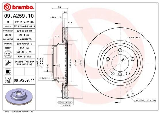 BREMBO 09.A259.11 Brake rotor 330x24mm, 5, internally vented, Coated, High-carbon