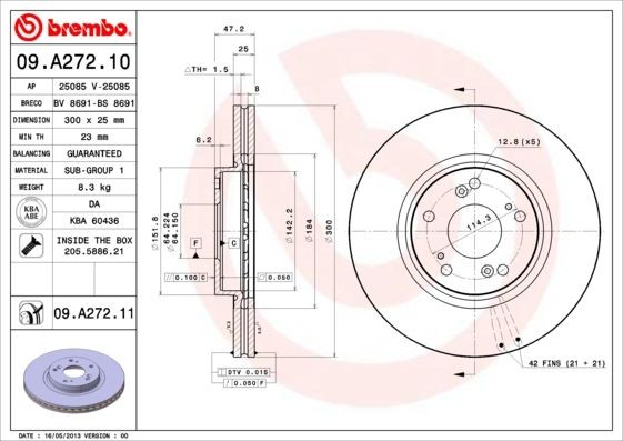 BREMBO 300x25mm, 5, internally vented Ø: 300mm, Num. of holes: 5, Brake Disc Thickness: 25mm Brake rotor 09.A272.10 buy