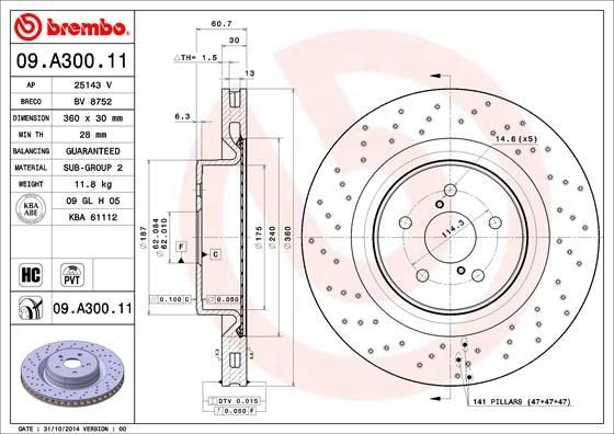 BREMBO COATED DISC LINE 09.A300.11 Brake disc 360x30mm, 5, perforated/vented, Coated, High-carbon