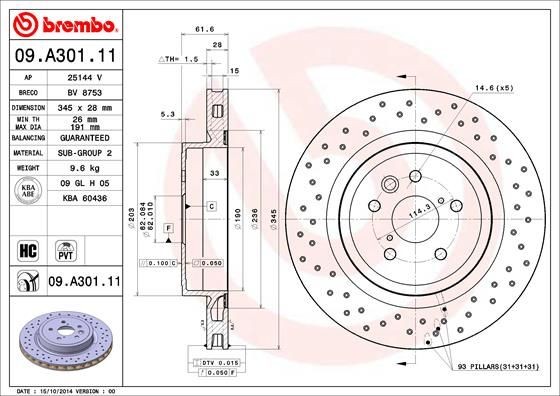 BREMBO COATED DISC LINE 09.A301.11 Brake disc 345x28mm, 5, perforated/vented, Coated, High-carbon