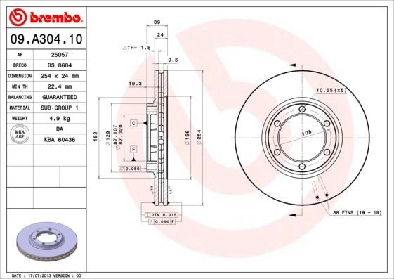 BREMBO 254x24mm, 6, internally vented Ø: 254mm, Num. of holes: 6, Brake Disc Thickness: 24mm Brake rotor 09.A304.10 buy