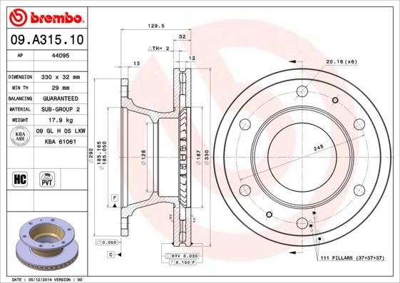 BREMBO 09.A315.10 Bremsscheibe für IVECO EuroFire LKW in Original Qualität