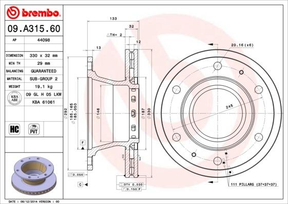 09.A315.60 BREMBO Bremsscheibe IVECO EuroCargo IV