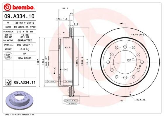BREMBO 312x18mm, 6, internally vented Ø: 312mm, Num. of holes: 6, Brake Disc Thickness: 18mm Brake rotor 09.A334.10 buy