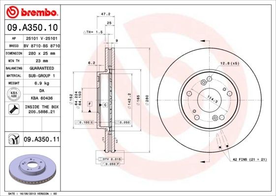 BREMBO 280x25mm, 5, internally vented Ø: 280mm, Num. of holes: 5, Brake Disc Thickness: 25mm Brake rotor 09.A350.10 buy