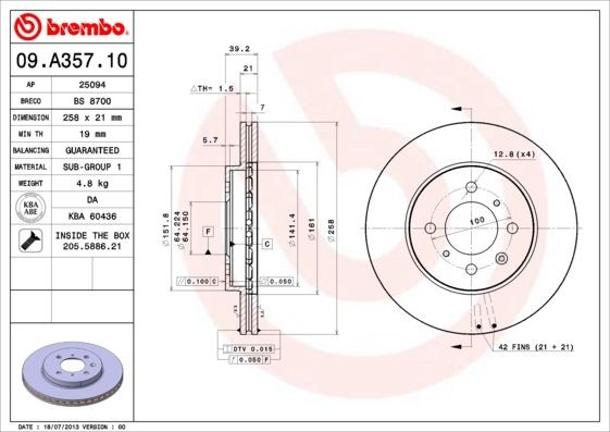 BREMBO 258x21mm, 4, internally vented Ø: 258mm, Num. of holes: 4, Brake Disc Thickness: 21mm Brake rotor 09.A357.10 buy
