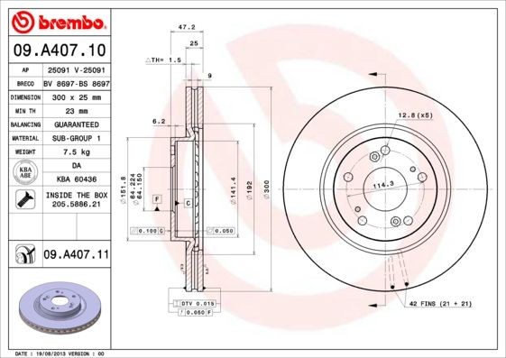 BREMBO 300x25mm, 5, internally vented Ø: 300mm, Num. of holes: 5, Brake Disc Thickness: 25mm Brake rotor 09.A407.10 buy