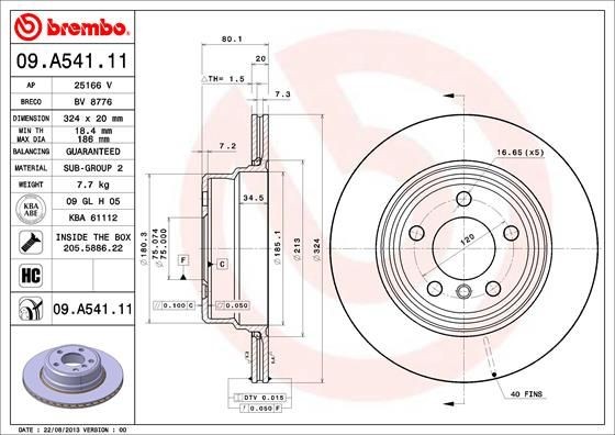 BREMBO COATED DISC LINE 09.A541.11 Brake disc 324x20mm, 5, internally vented, Coated, High-carbon