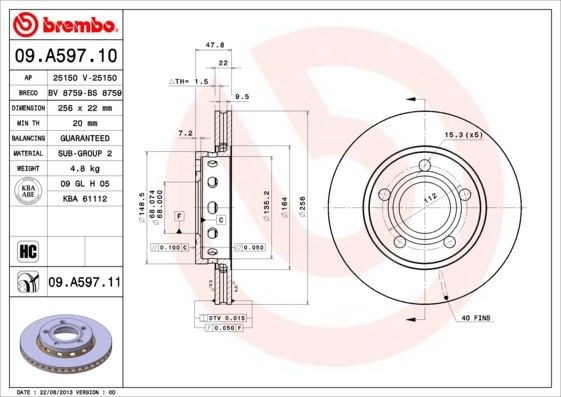 BREMBO COATED DISC LINE 09.A597.11 Brake disc 256x22mm, 5, internally vented, Coated, High-carbon