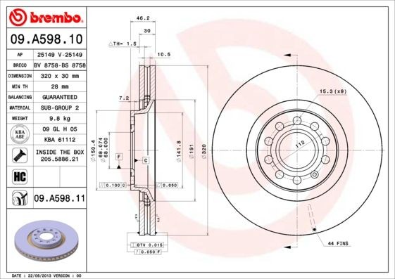 09.A598.11 Brake discs 09.A598.11 BREMBO 320x30mm, 5, internally vented, Coated, High-carbon