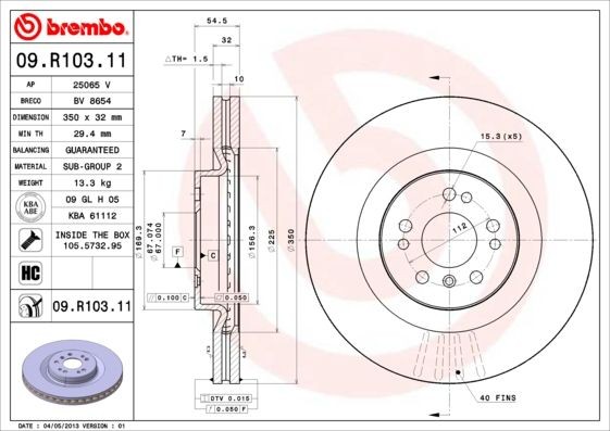 BREMBO COATED DISC LINE 09.R103.11 Brake disc 350x32mm, 5, internally vented, Coated, High-carbon