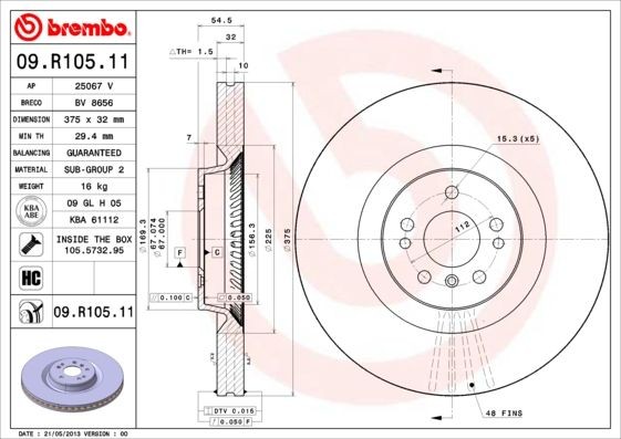 BREMBO COATED DISC LINE 375x32mm, 5, internally vented, Coated, High-carbon Ø: 375mm, Num. of holes: 5, Brake Disc Thickness: 32mm Brake rotor 09.R105.11 buy
