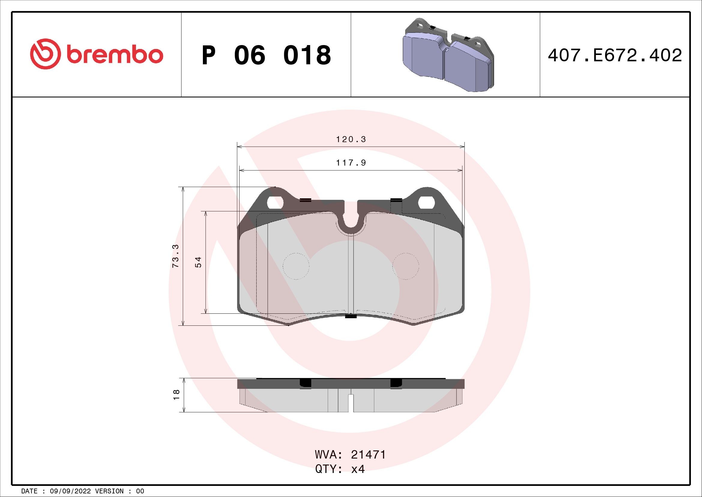 P06018 Set of brake pads D6397517 BREMBO prepared for wear indicator, without accessories