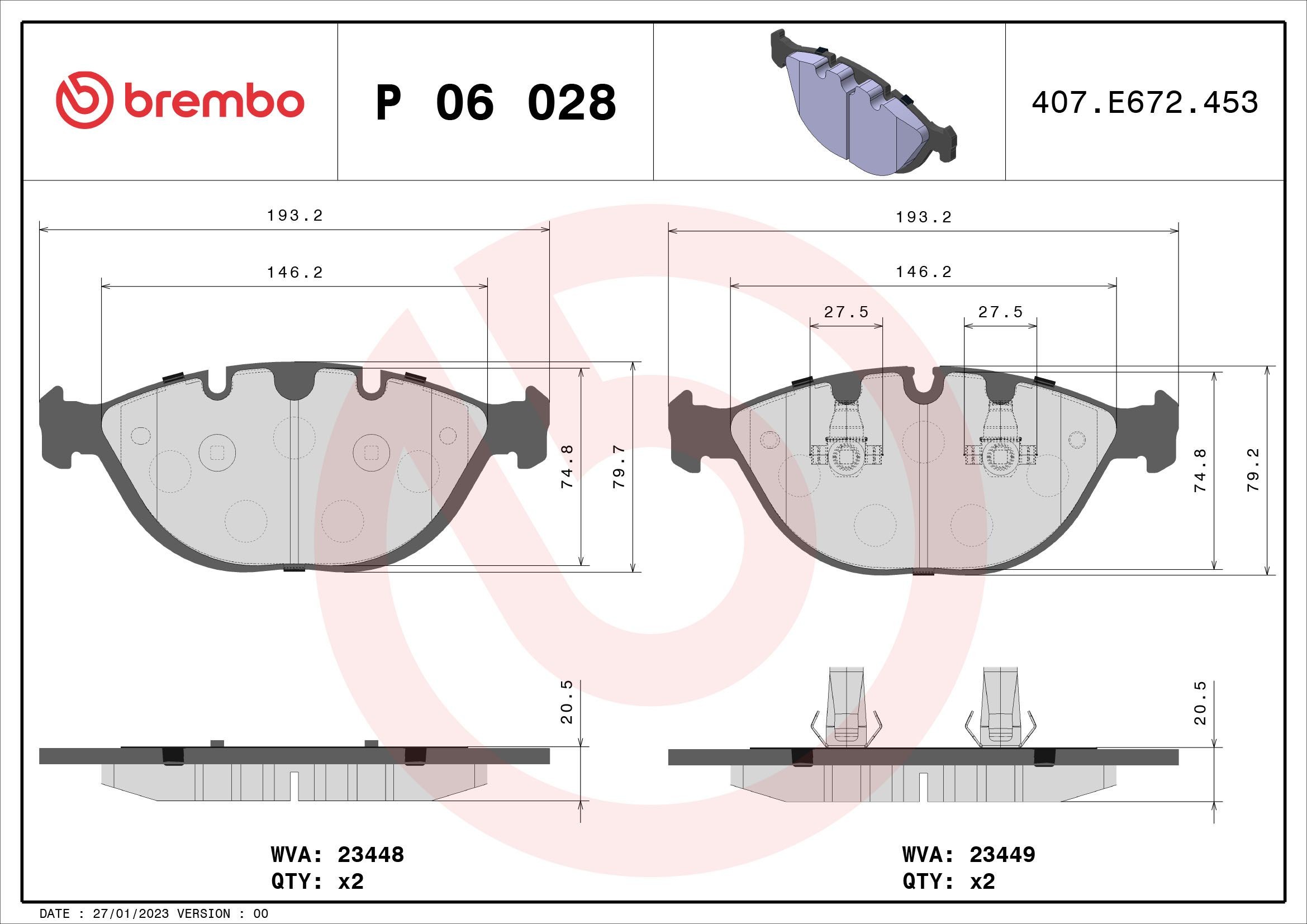 23448 BREMBO prepared for wear indicator, with piston clip, without accessories Height: 79mm, Width: 193mm, Thickness: 21mm Brake pads P 06 028 buy