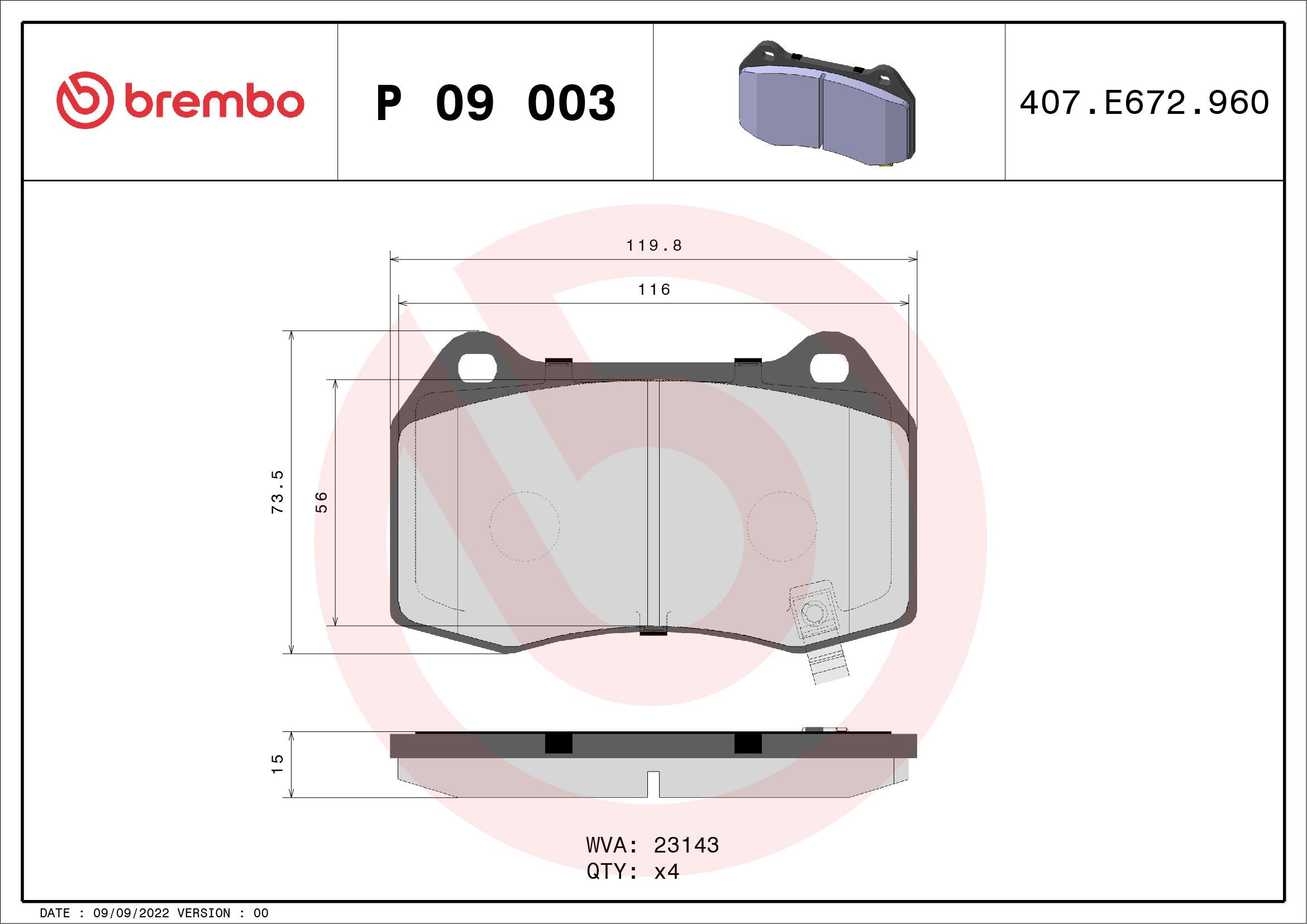 23143 BREMBO P09003 Brake pad set 405022-S6M-J52