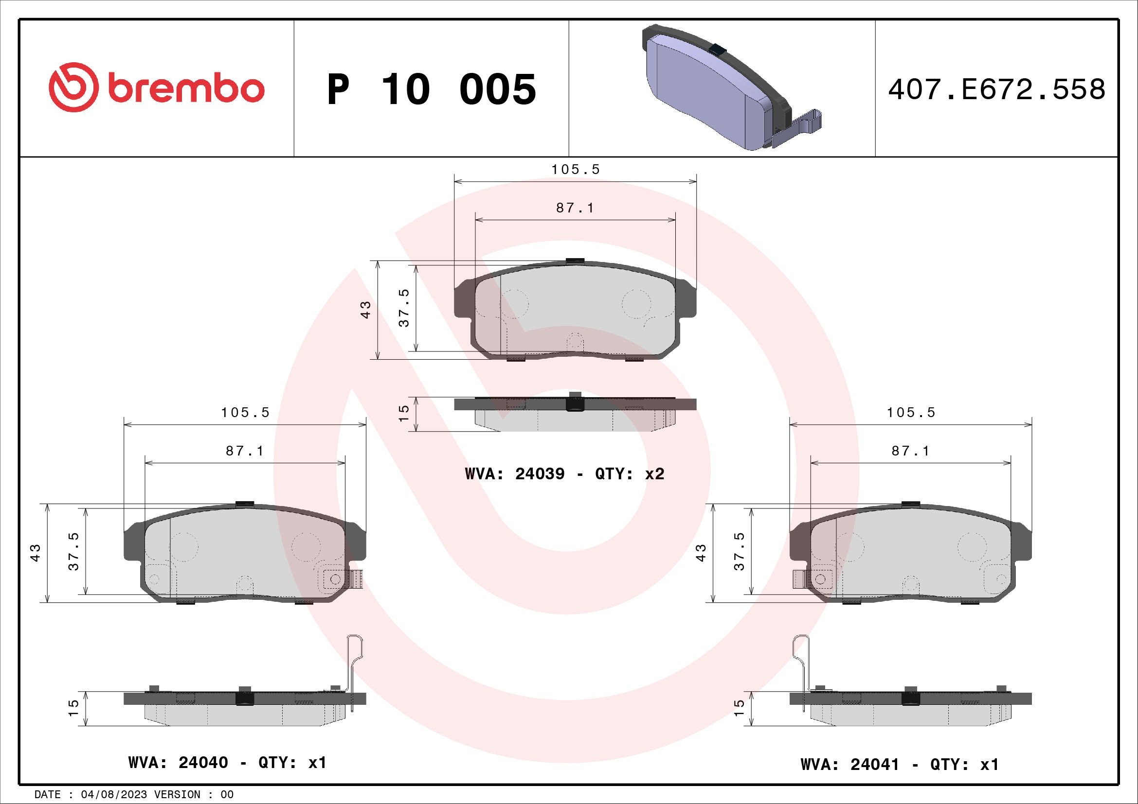 24039 BREMBO P10005 Brake pad set AY060-NS028