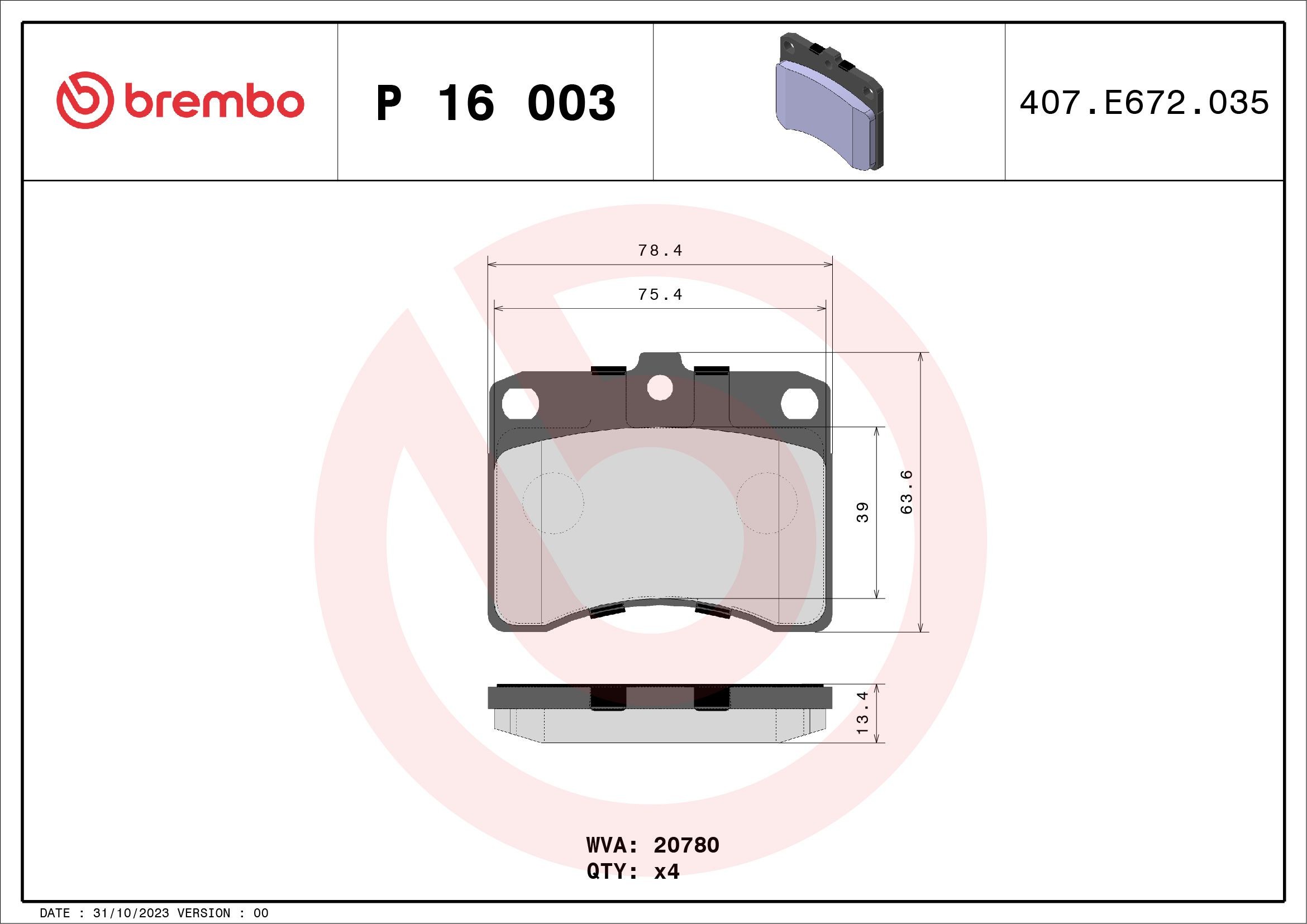 20780 BREMBO P16003 Brake pad set 04491-87102-000