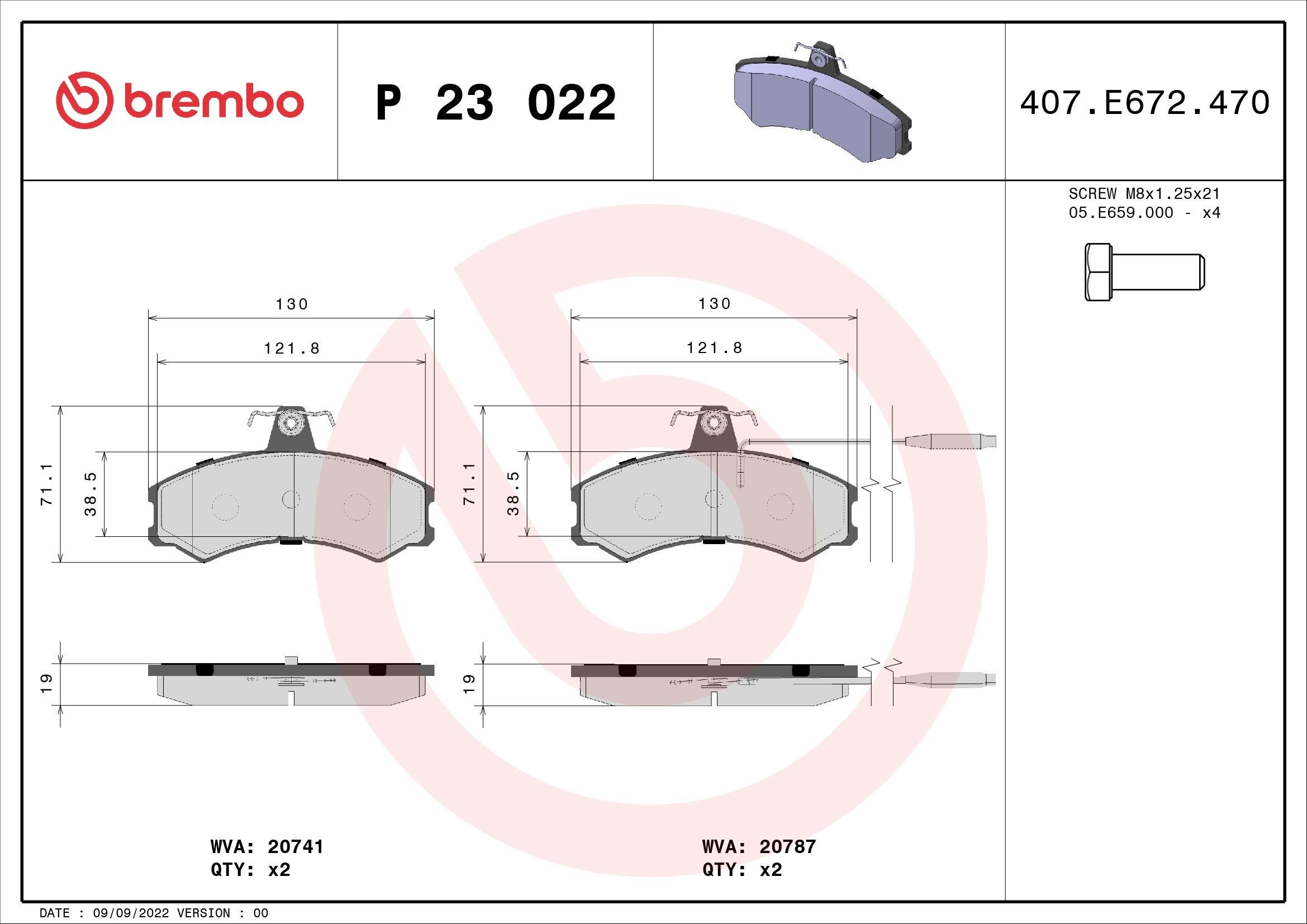 20741 BREMBO P23022 Brake pad set 4250-54