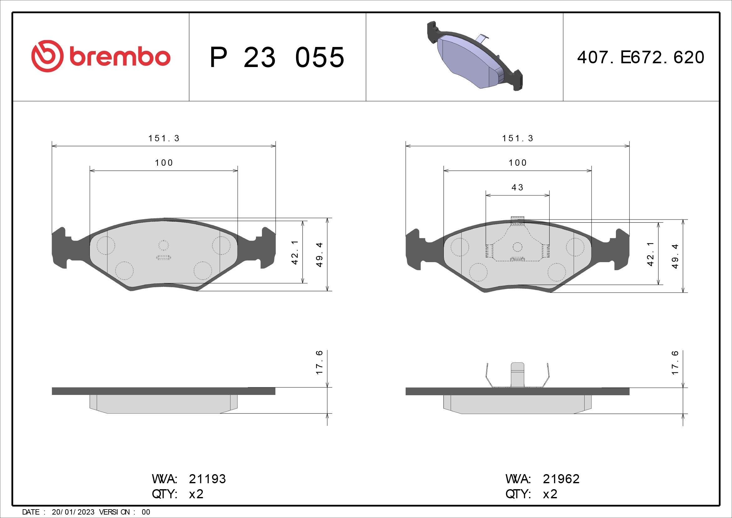 BREMBO P 23 055 Brake pad set excl. wear warning contact, without accessories