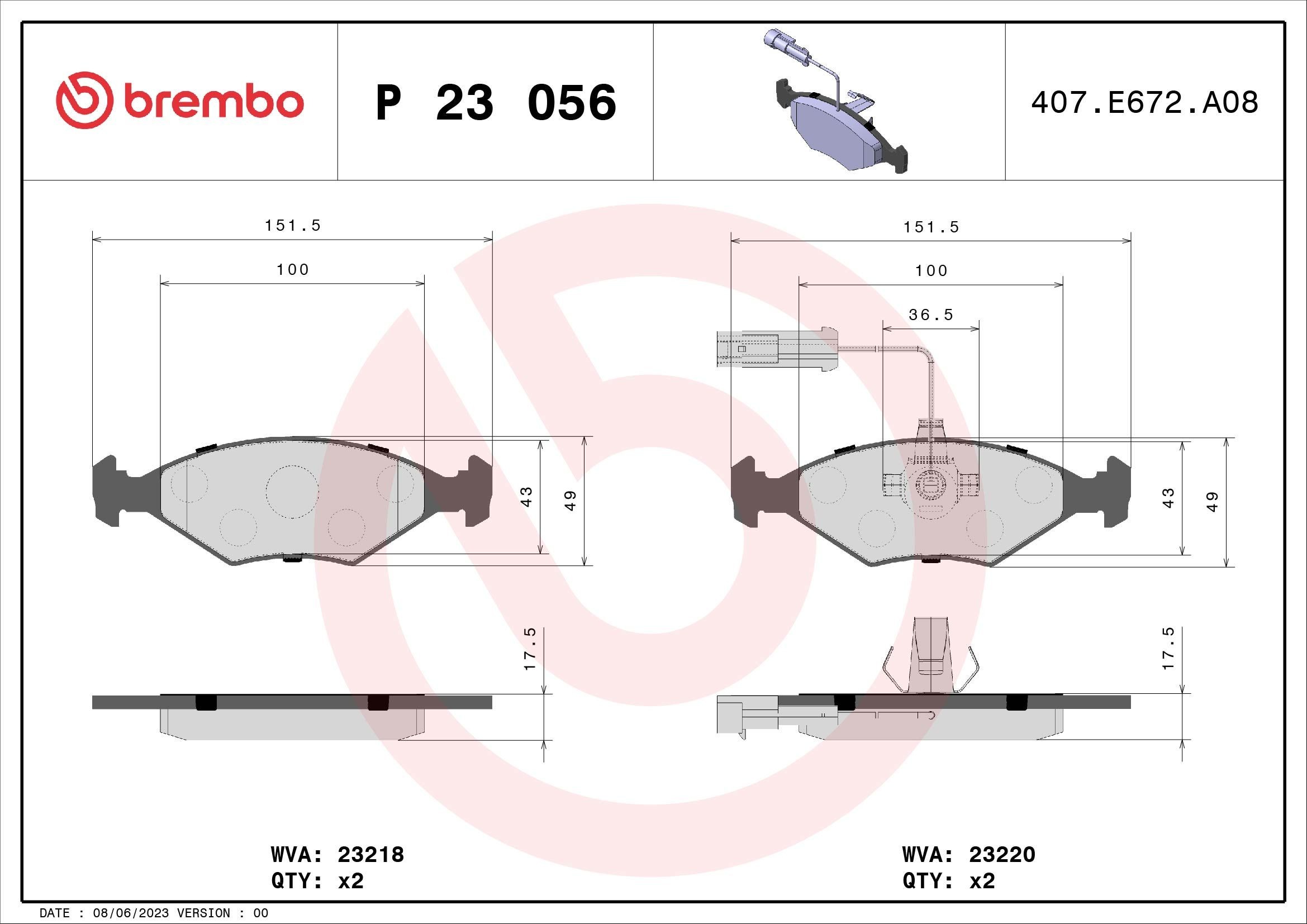 23218 BREMBO P23056 Brake pad set 71738157