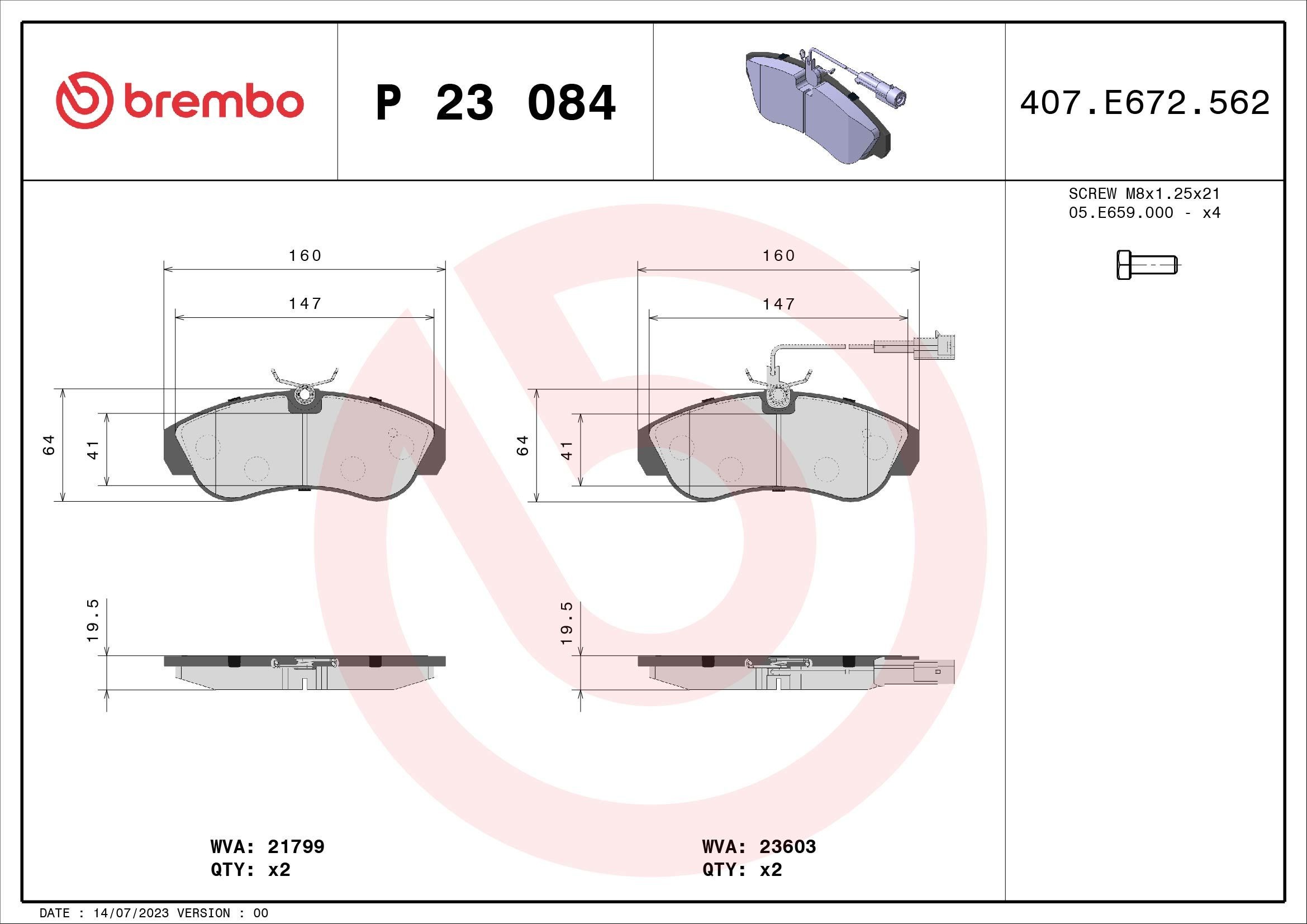BREMBO P 23 084 Brake pad set incl. wear warning contact, with brake caliper screws, without accessories