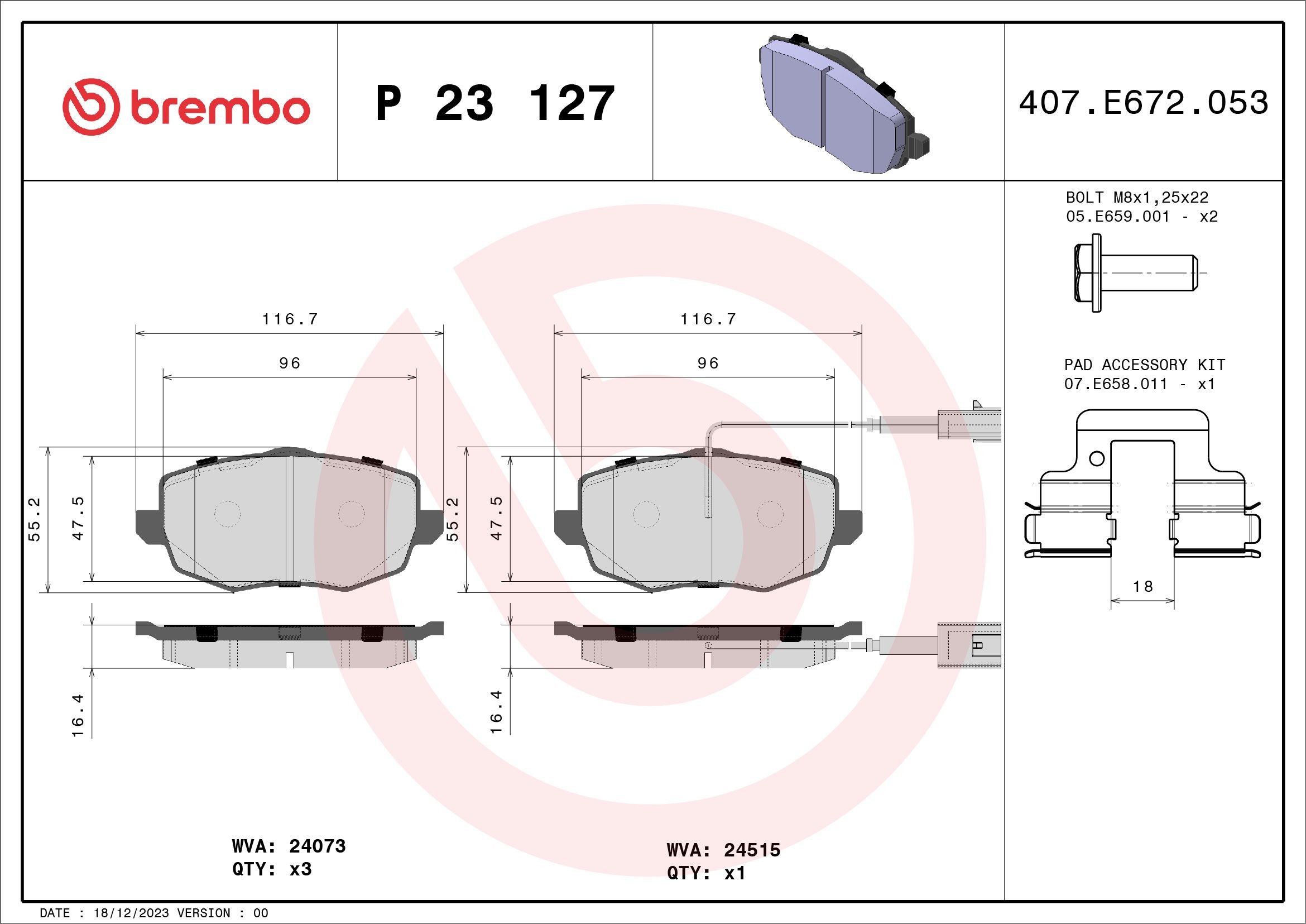 24073 BREMBO P23127 Brake pad set 77364332