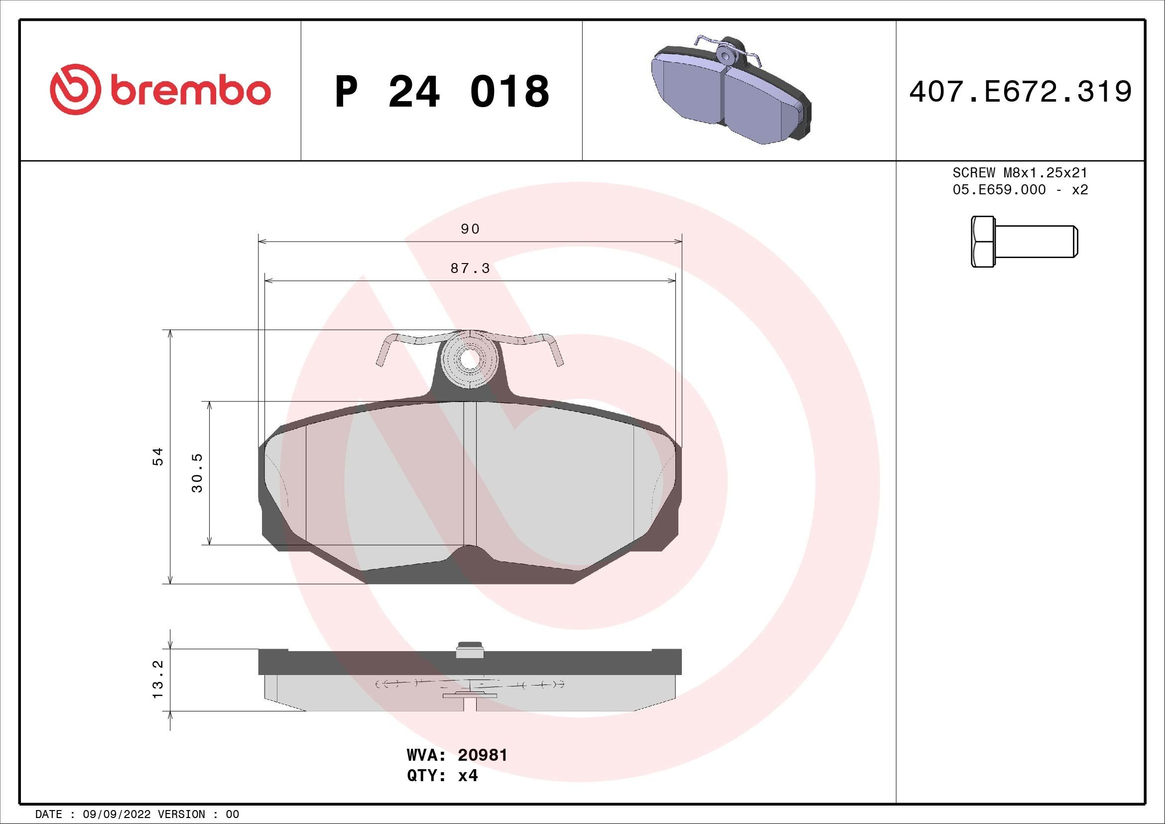 20981 BREMBO excl. wear warning contact, with brake caliper screws, without accessories Height: 54mm, Width: 90mm, Thickness: 14mm Brake pads P 24 018 buy