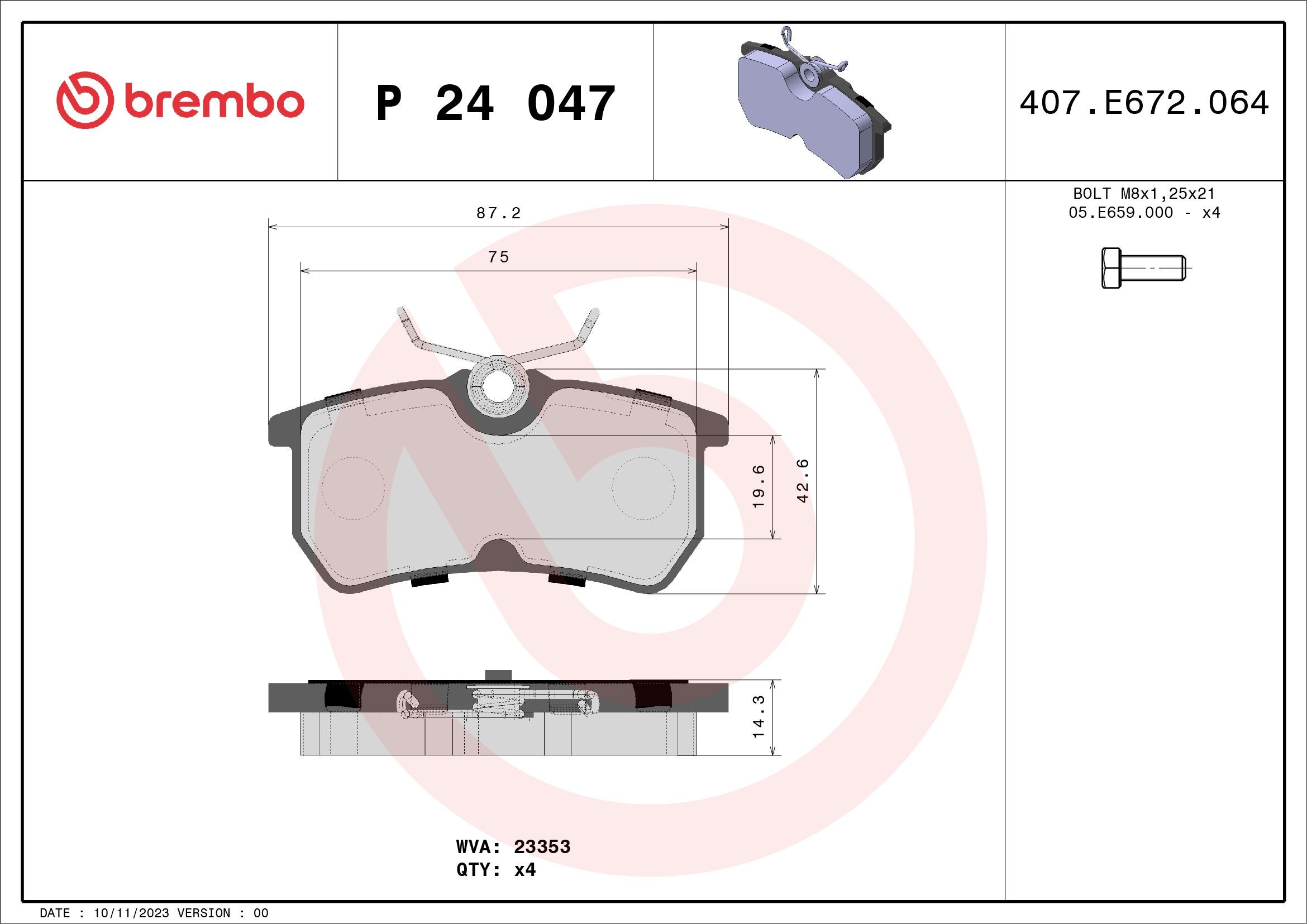 P24047 Set of brake pads D8867763 BREMBO excl. wear warning contact, with brake caliper screws, without accessories