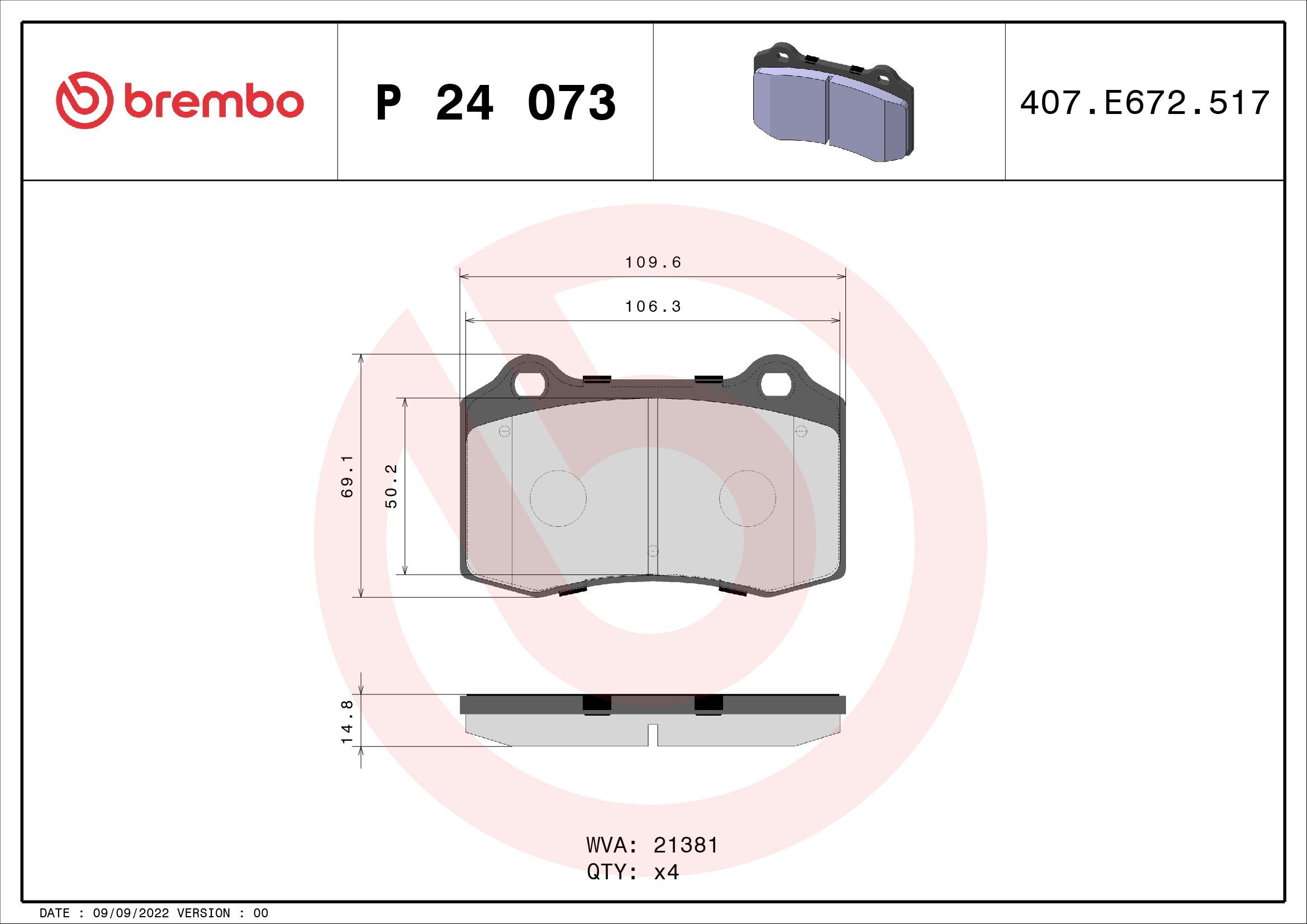 Original BREMBO 21381 Brake pad kit P 24 073 for CITROЁN DS3