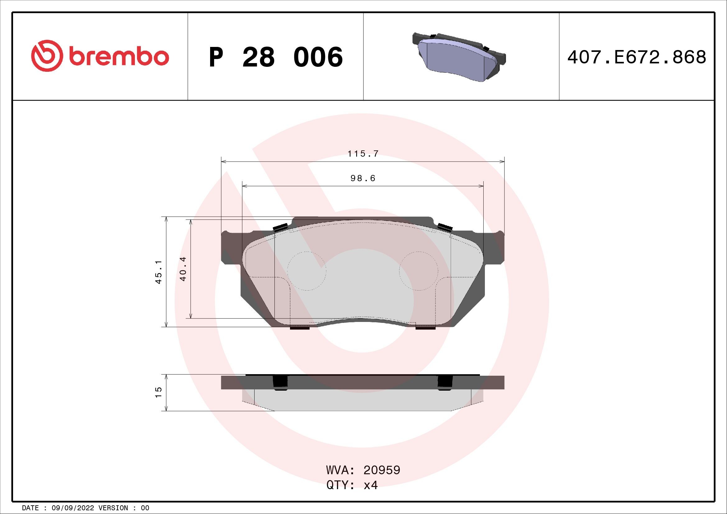 BREMBO P 28 006 Brake pad set excl. wear warning contact, without accessories