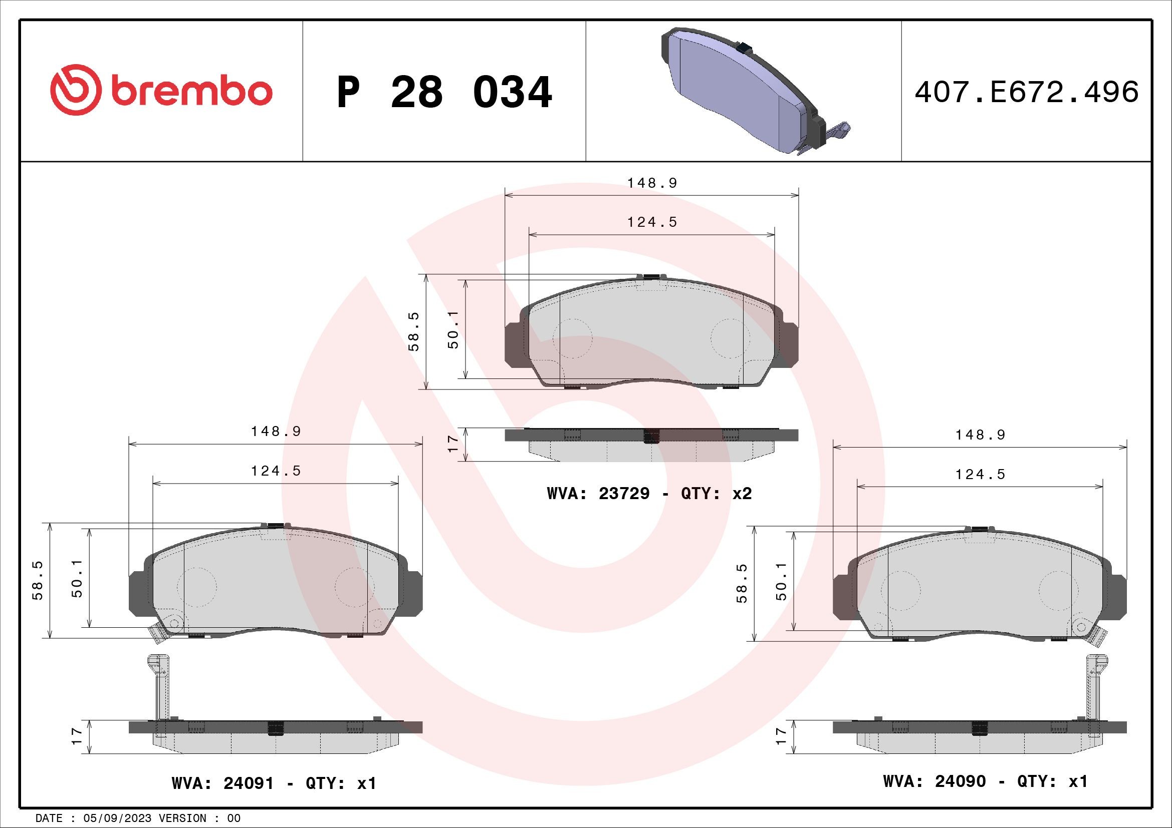 23729 BREMBO with acoustic wear warning, without accessories Height: 59mm, Width: 149mm, Thickness: 17mm Brake pads P 28 034 buy