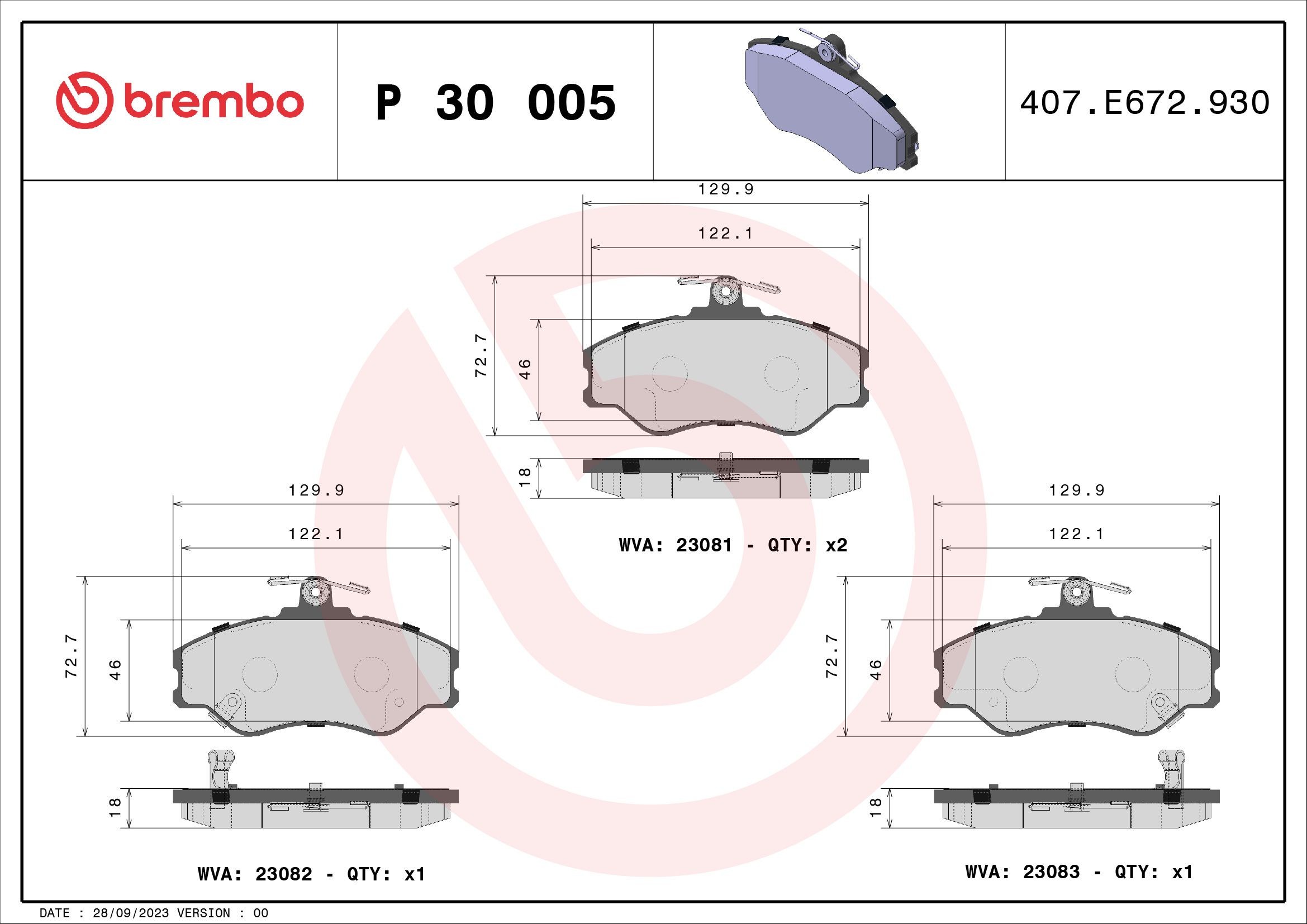 23081 BREMBO P30005 Brake pad set 581014BA00