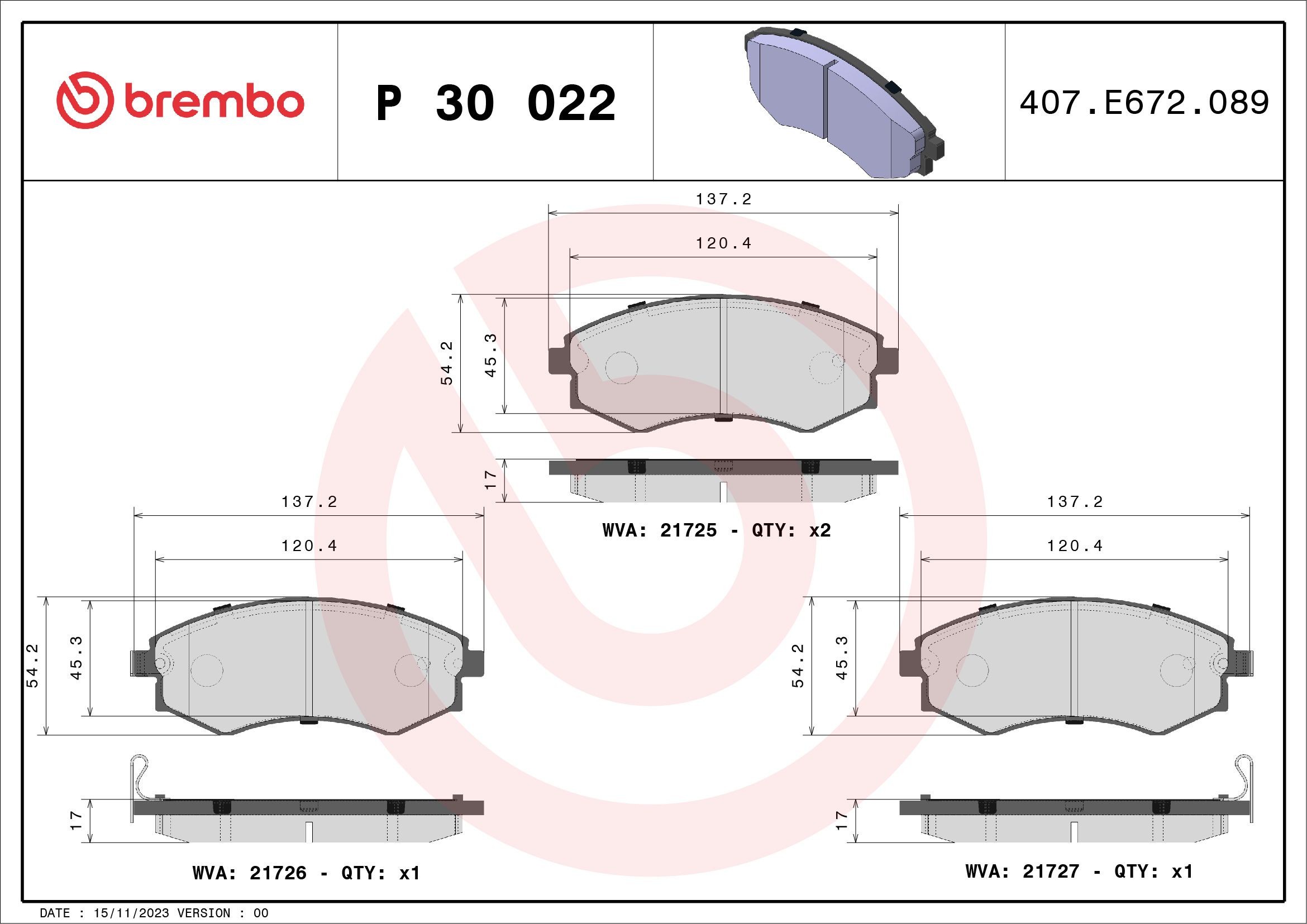 21725 BREMBO P30022 Brake pad set AY040-NS022