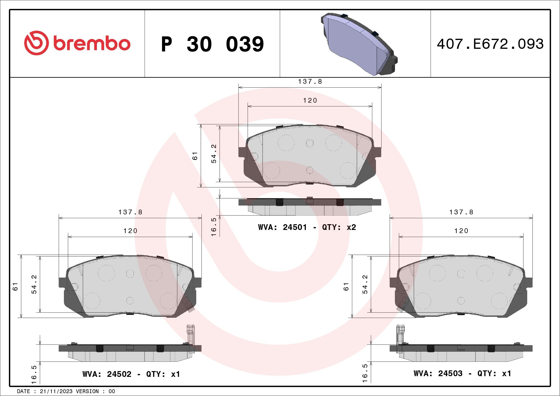 24501 BREMBO P30039 Brake pad set 58101J9A70