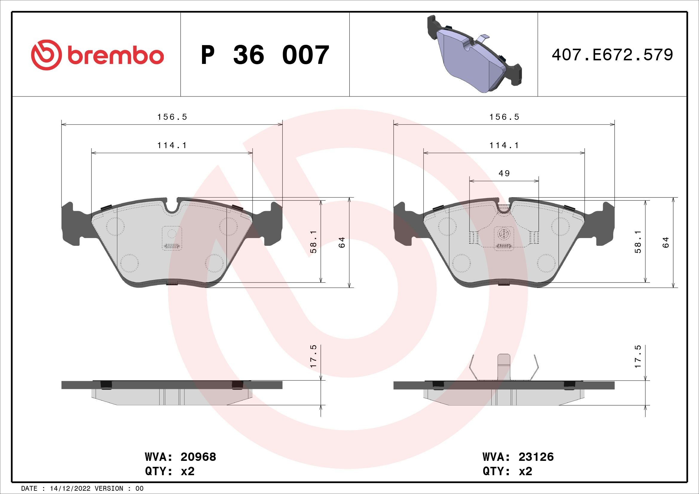 BREMBO P 36 007 Brake pad set prepared for wear indicator, with piston clip, without accessories