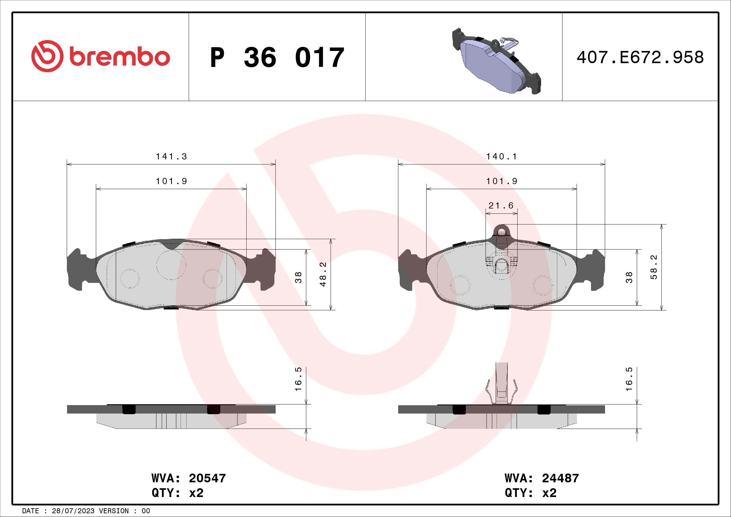 BREMBO P 36 017 Kit pastiglie freni Predisposto per contatto segnalazione usura, con clip pistone, senza accessori