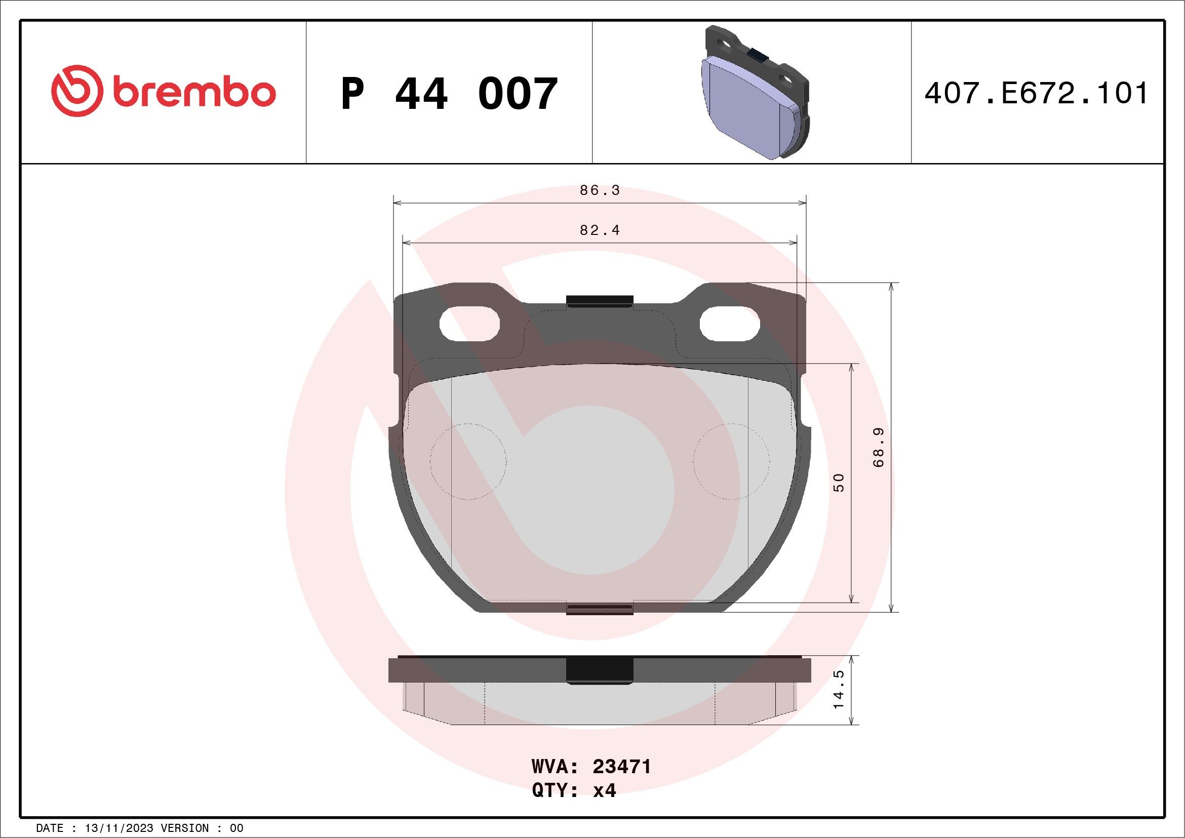 23471 BREMBO P44007 Brake pad set SFP000160
