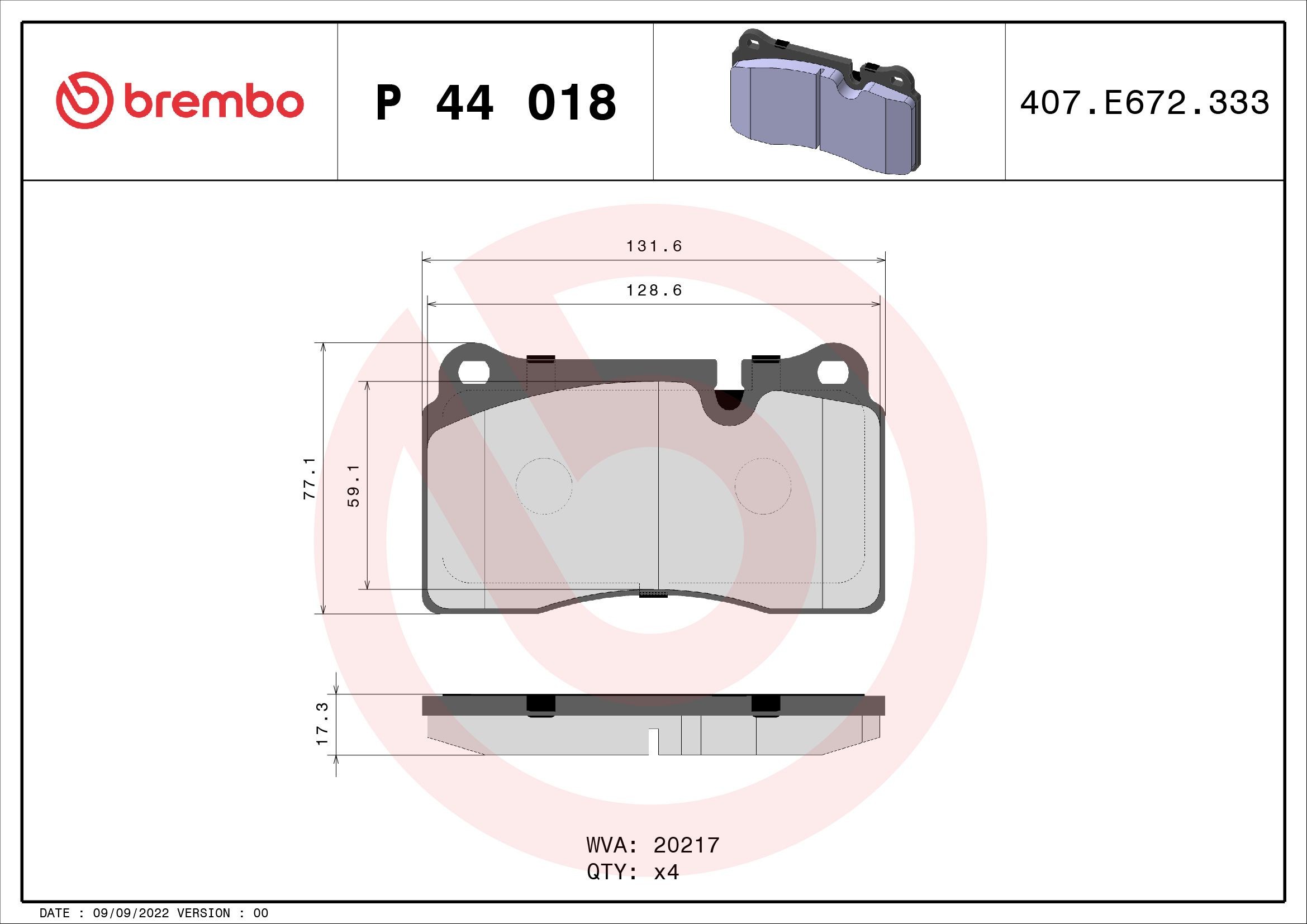 P44018 Set of brake pads D12638380 BREMBO prepared for wear indicator, without accessories