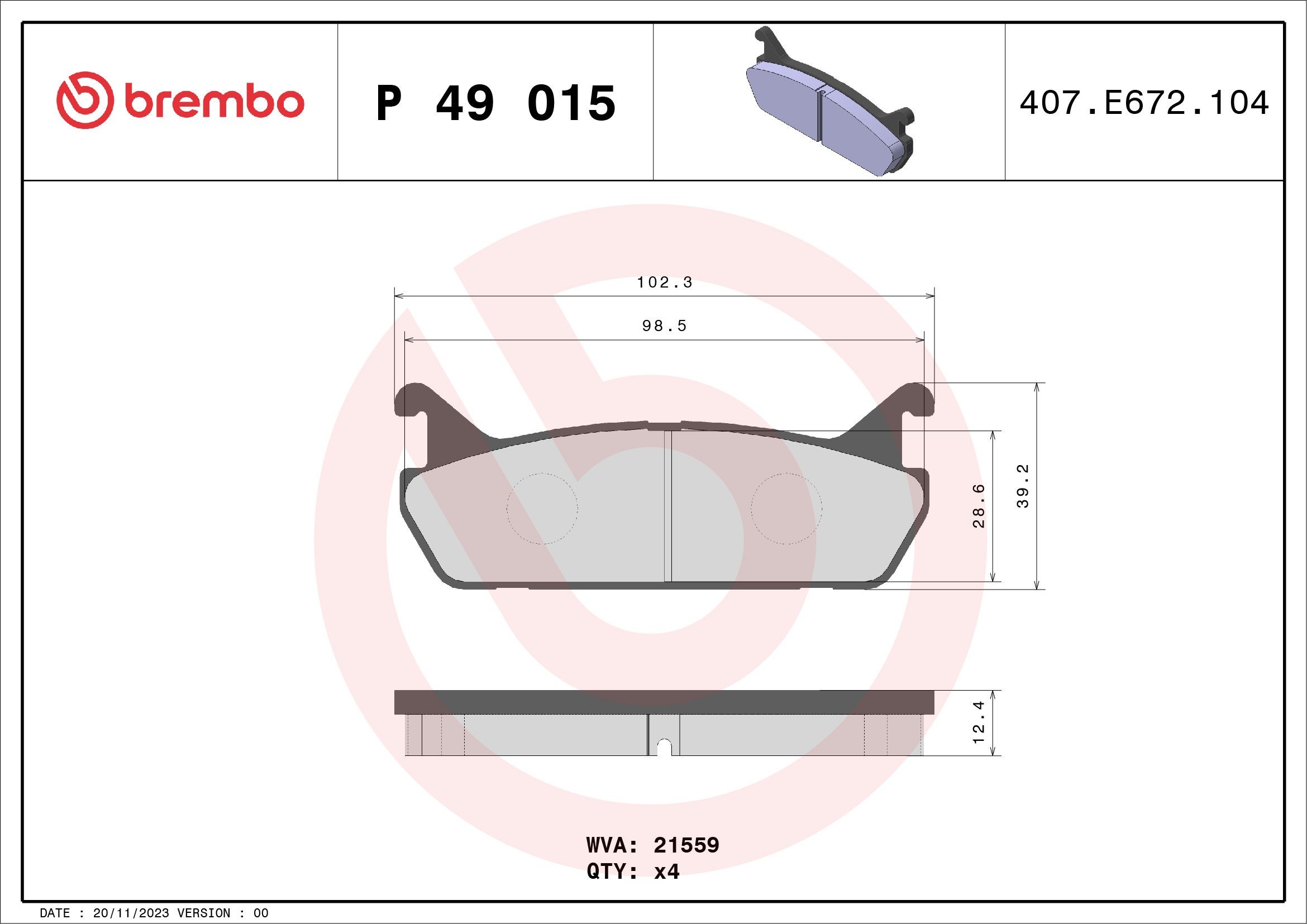 21559 BREMBO P49015 Brake pad set 5580-06-2G01
