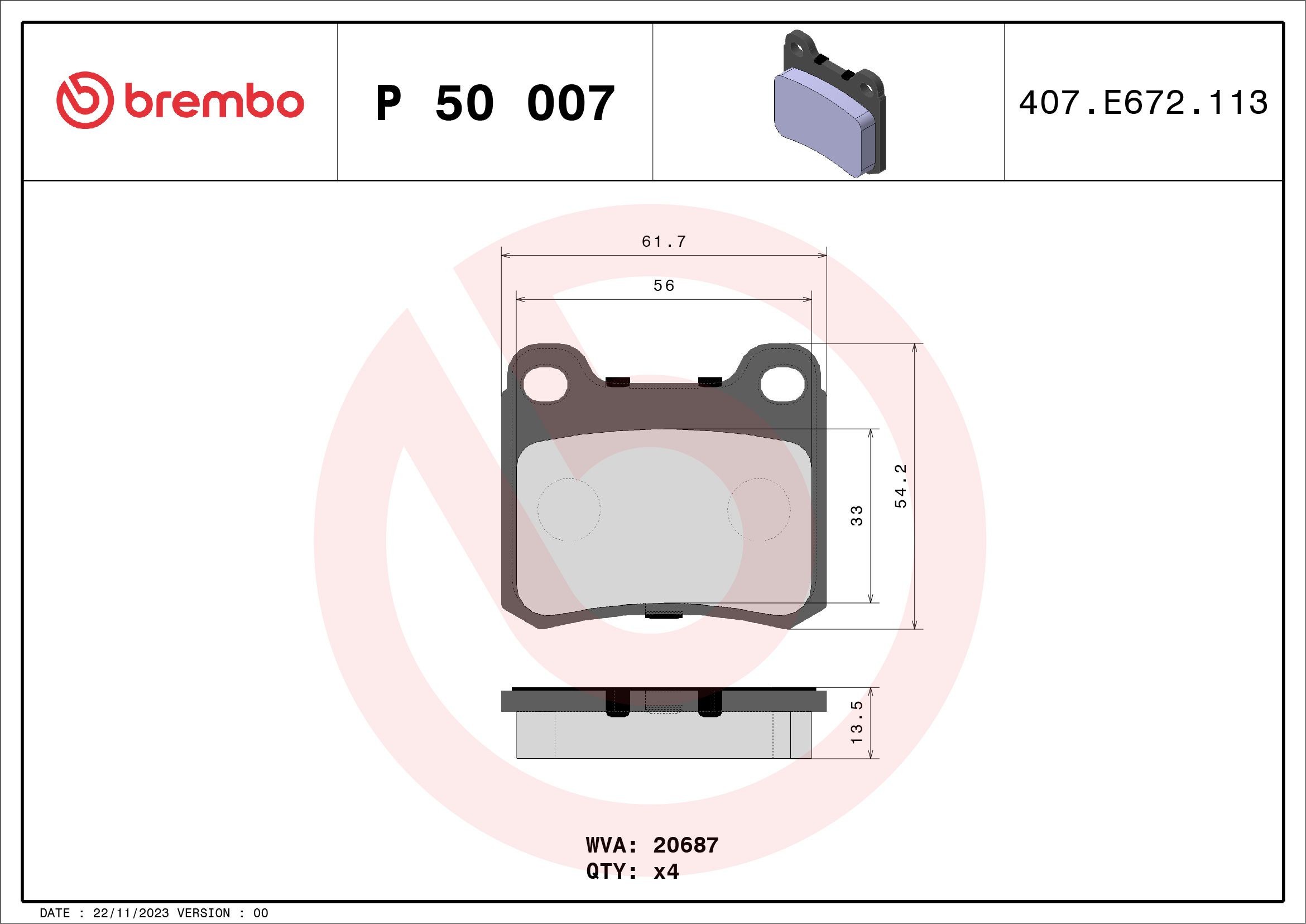 20687 BREMBO excl. wear warning contact, without accessories Height: 54mm, Width: 62mm, Thickness: 14mm Brake pads P 50 007 buy