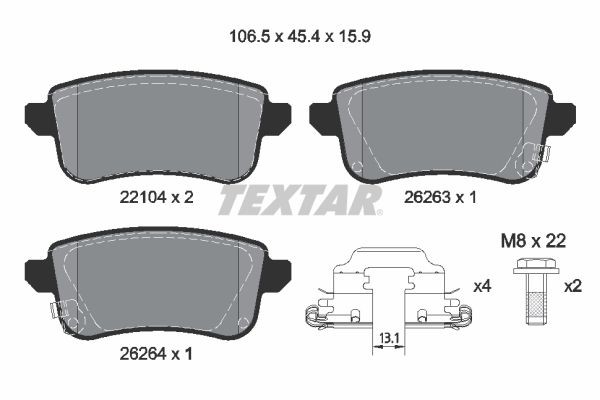 22104 TEXTAR with acoustic wear warning, with brake caliper screws, with accessories Height: 45,6mm, Width: 106,4mm, Thickness: 15,9mm Brake pads 2210401 buy