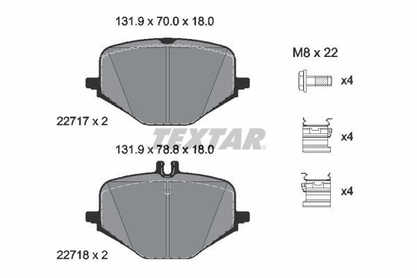22717 TEXTAR prepared for wear indicator, with brake caliper screws, with accessories Height 1: 70mm, Height 2: 78,8mm, Width: 131,9mm, Thickness: 18mm Brake pads 2271701 buy