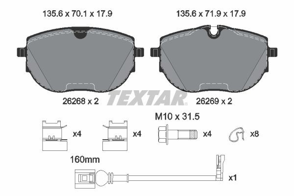 26268 TEXTAR incl. wear warning contact, with accessories Height: 72mm, Width: 135,7mm, Thickness: 17,9mm Brake pads 2626801 buy