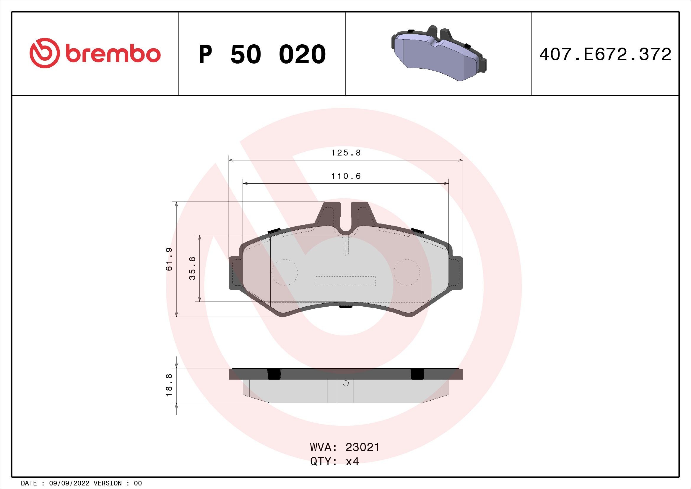 23021 BREMBO P50020 Brake pad set 0004209720