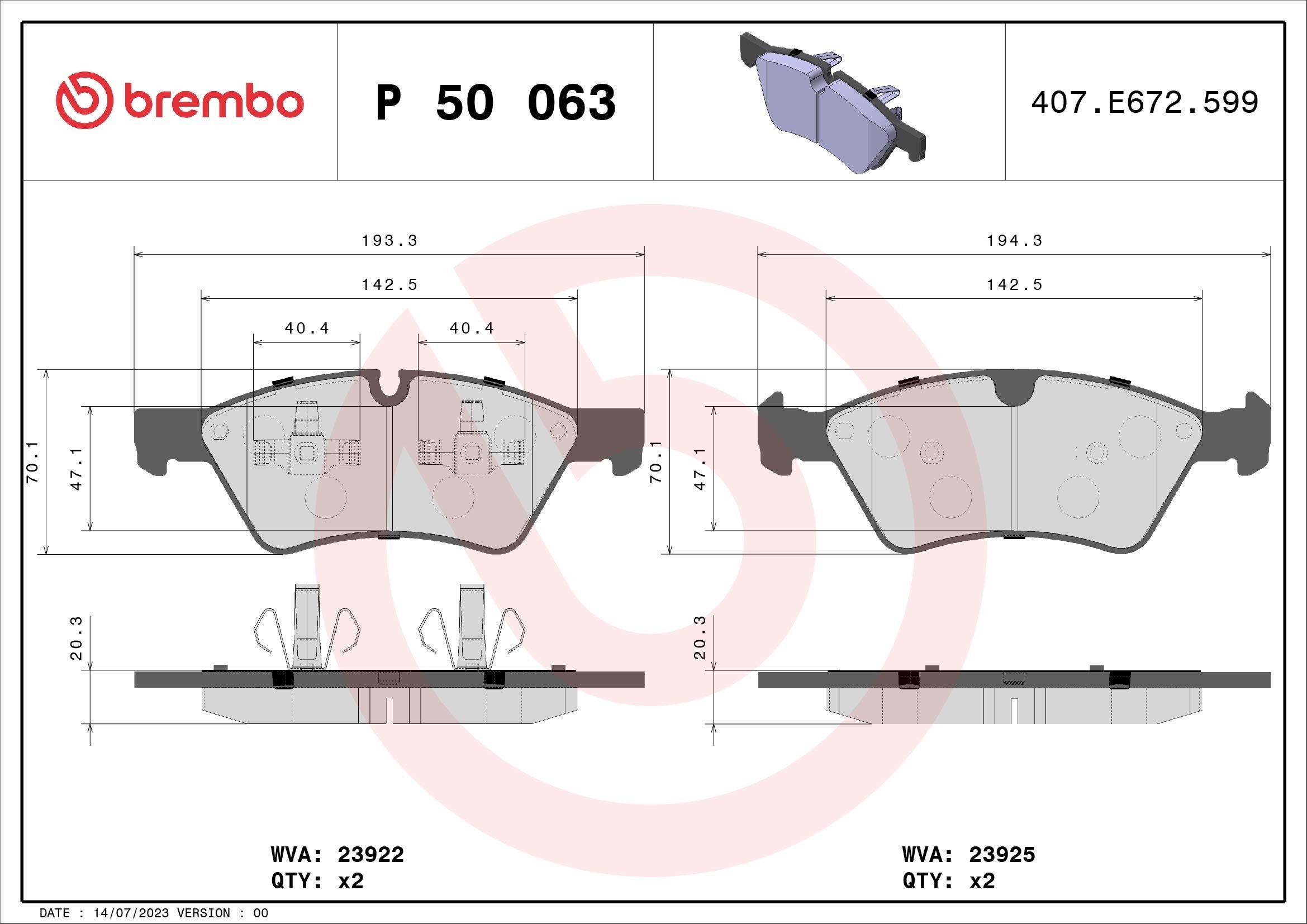 P50063 Set of brake pads D1123 8229 BREMBO prepared for wear indicator, with piston clip, without accessories