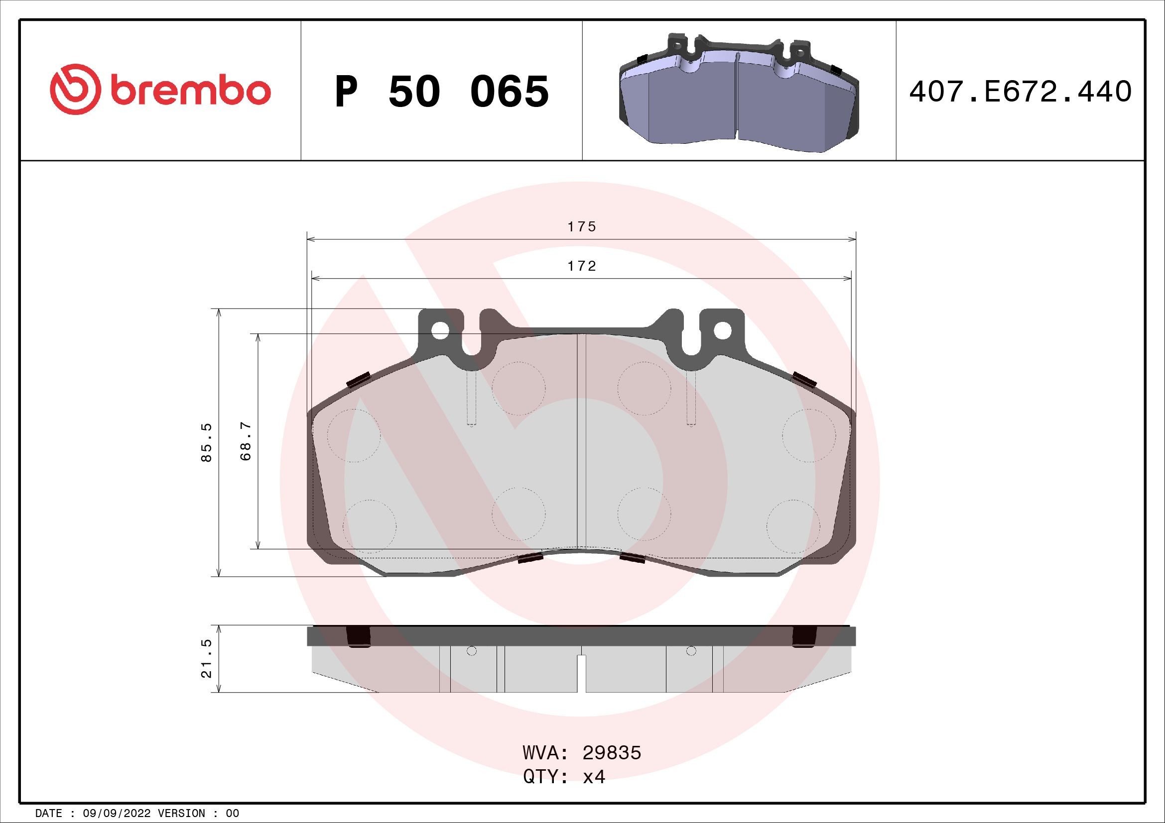 29835 BREMBO P50065 Brake pad set A0034207720